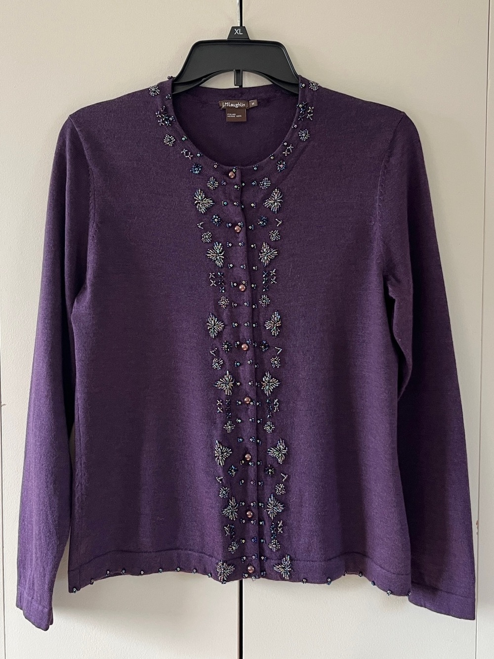 J. McLaughlin Italian Merino Wool Beaded Cardigan Sweater Deep Purple Medium M